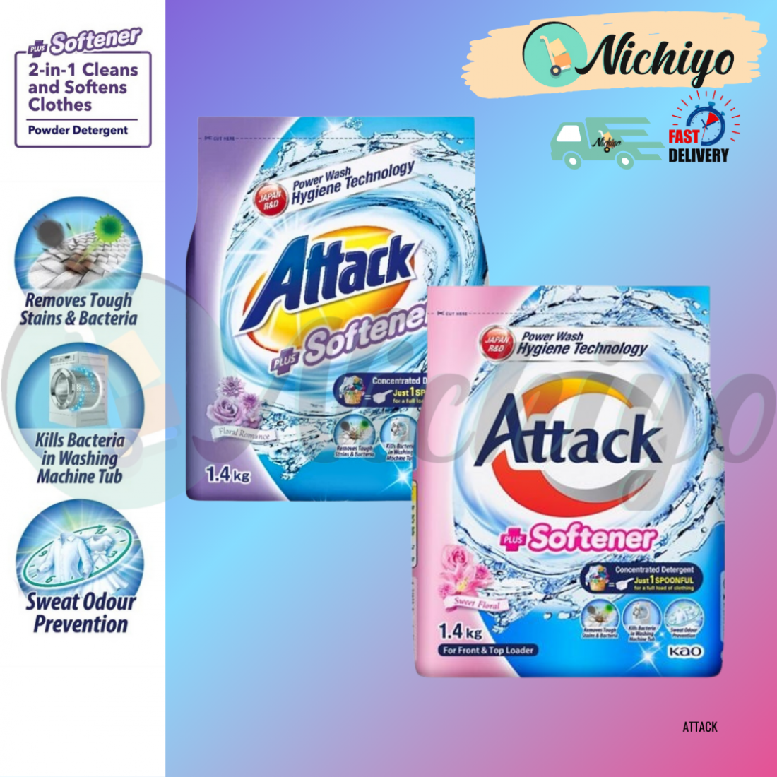 1.4kg ATTACK Detergent Plus Softener Floral Romance Powder For Front and Top Loader | Wash Cloth Powder