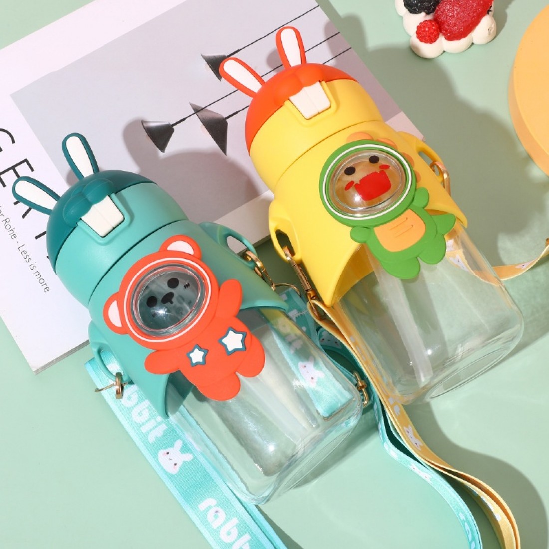 600ML Cute Rabbit Bouncing Straw Bottle Drinking Cup Bottle Water Cup Cartoon Bottle