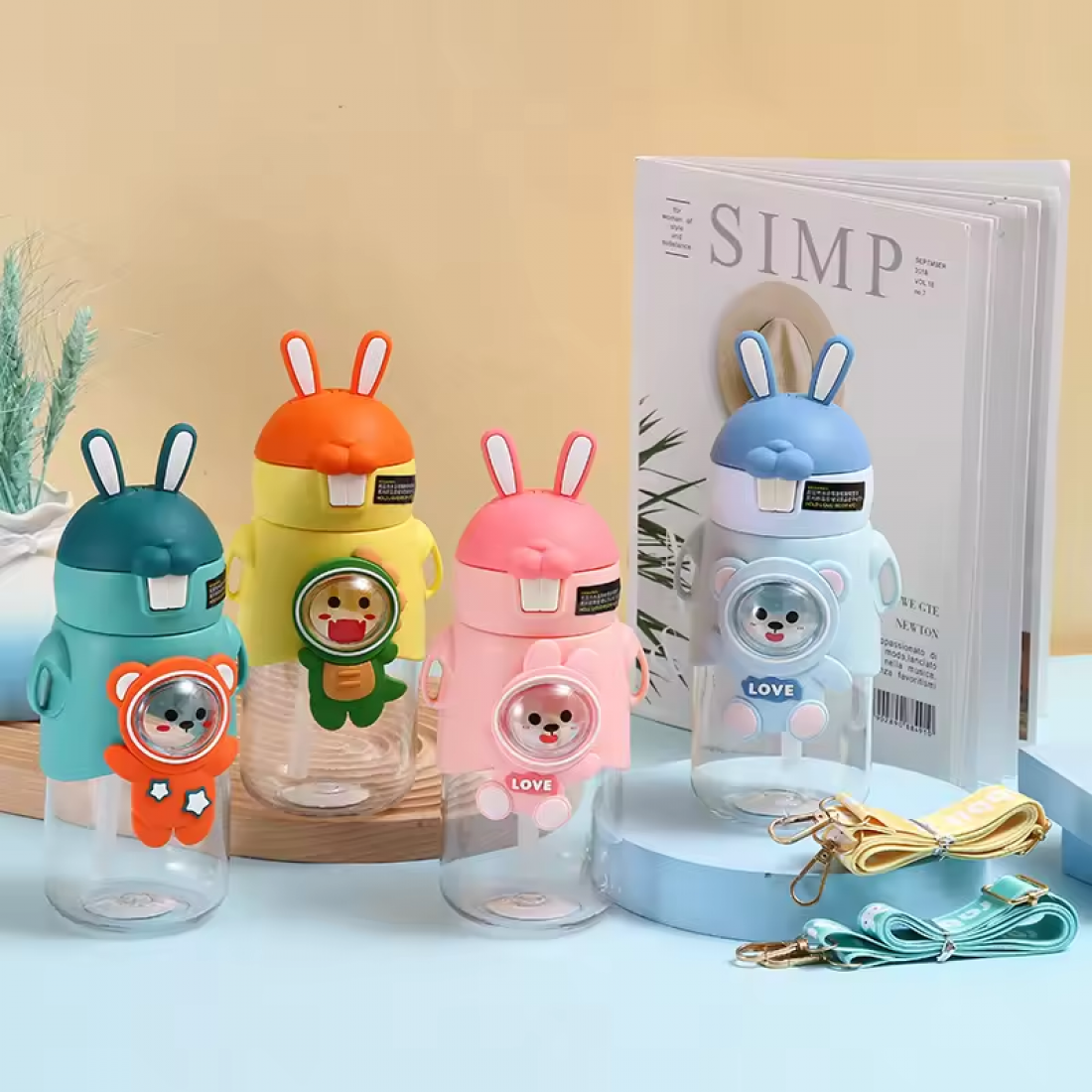 600ML Cute Rabbit Bouncing Straw Bottle Drinking Cup Bottle Water Cup Cartoon Bottle