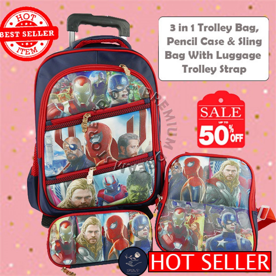 Super Heroes 4 in 1 Water-Resistant Bag Set | Backpack | Pencil Case | Mini SlingBag | Luggage Trolley