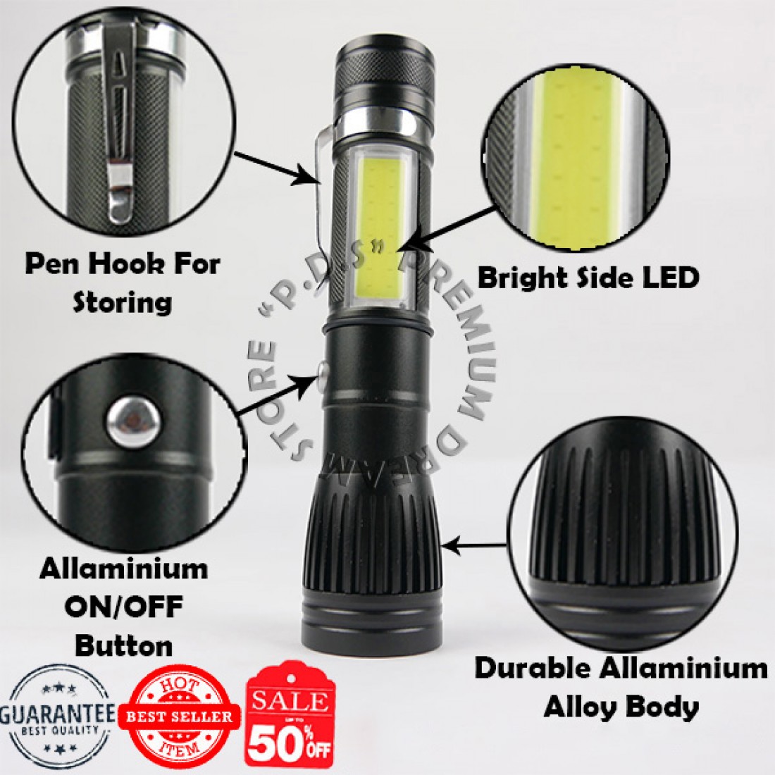 3 Way Rechargeable LED COB Flash Light | Camping | Hiking | Safety