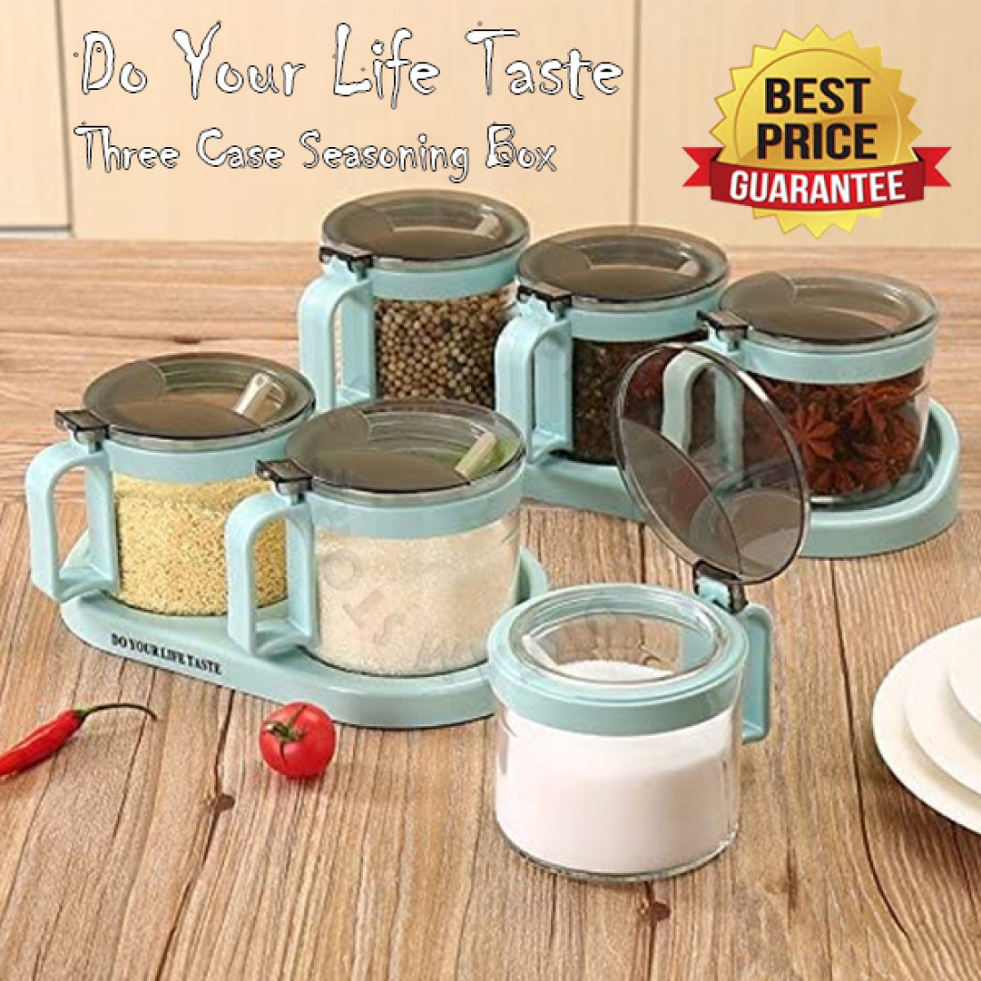 3 Pcs Seasoning & Spices Container Glass Jar Set With Mini Spoon For Each Jar With Organizer