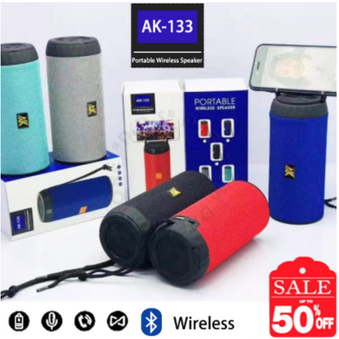 AK - 133 Portable Bluetooth Speaker With High Bass & Multi Link Compatible | Water-Resistant