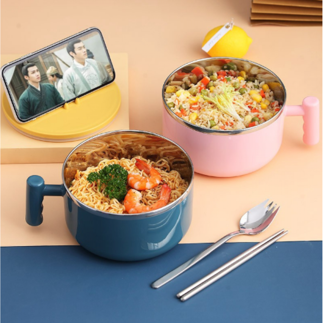 1000ml Lunch Box Large stainless steel bowl of instant noodles to eat rice bowl with lid, household utensils soup bowl r