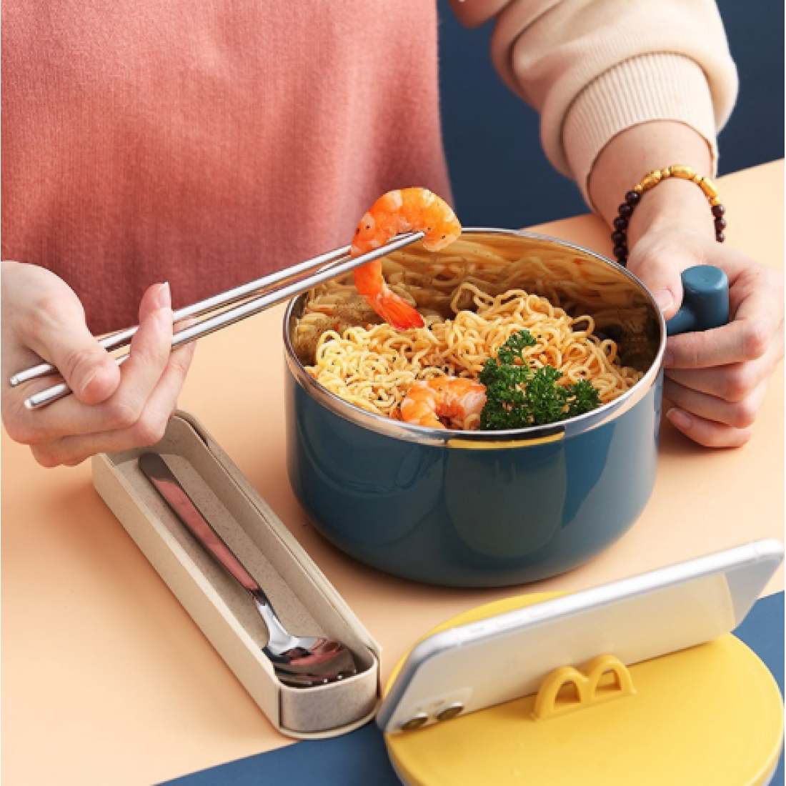 1000ml Lunch Box Large stainless steel bowl of instant noodles to eat rice bowl with lid, household utensils soup bowl r