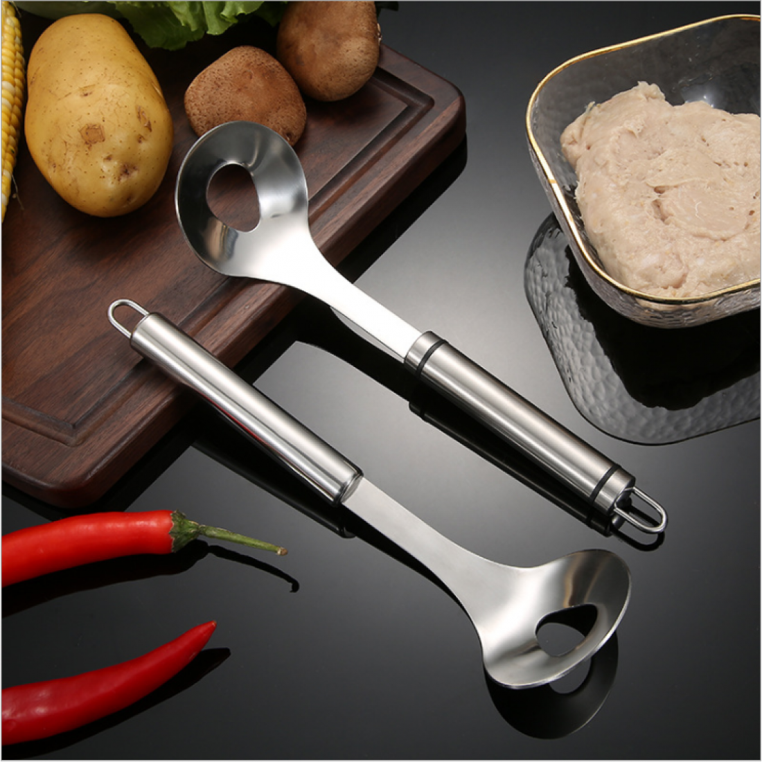 Multi functional spoon. Made from stainless steel and suitable for making meatball