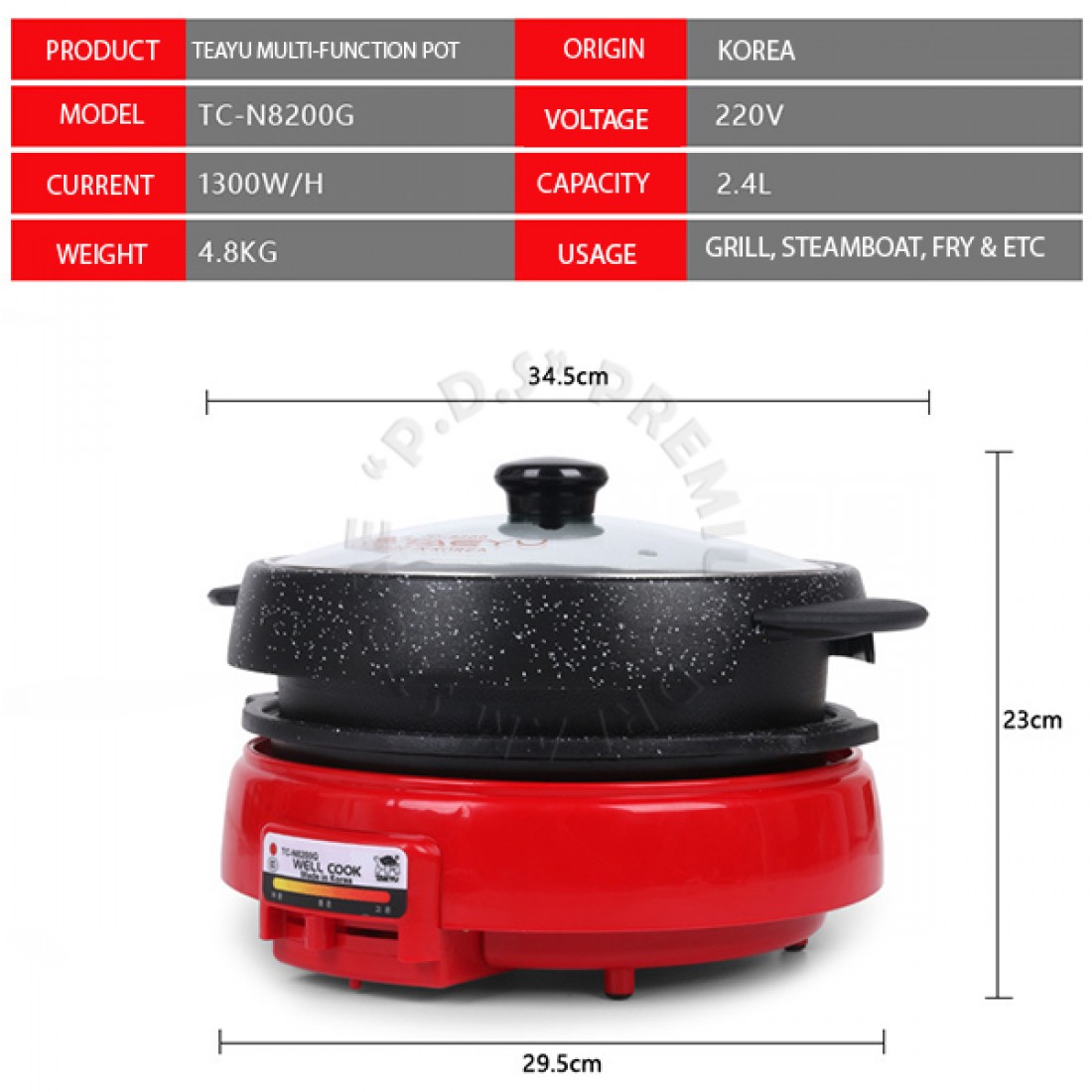  Non Stick Korean Style Electric Steamboat Pot & Grill 