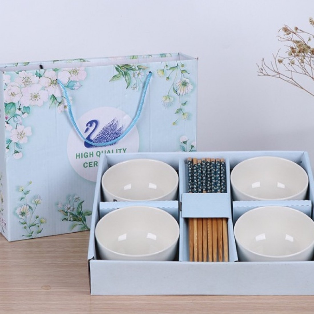 Ceramic Dinnerware Gift Set Swan Lake Bowl And Wooden Chopsticks