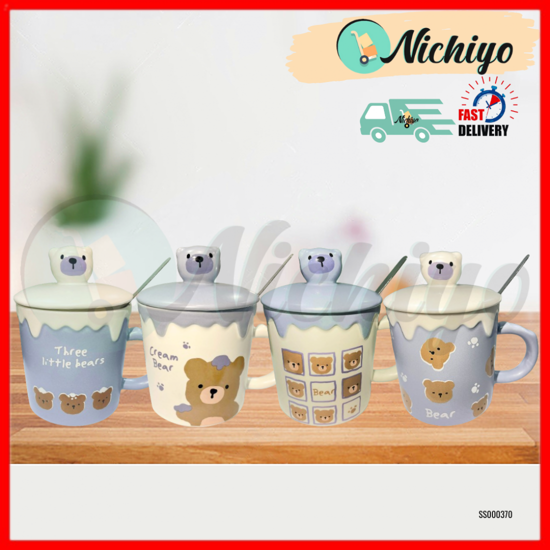 330ml Ceramics Bear Mug With Lid Spoon Cawan Seramik Beruang Kids Gift