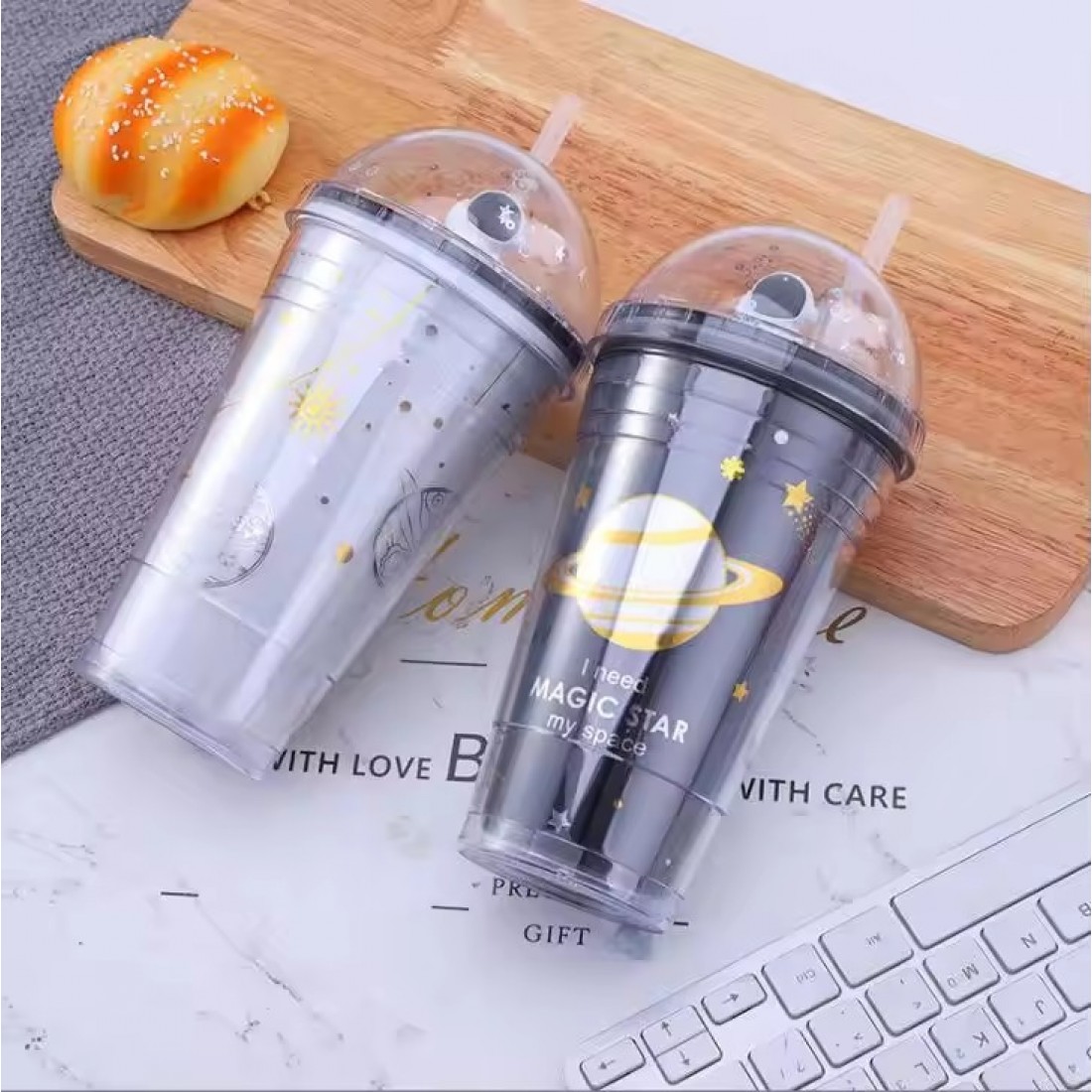  450ml Space Design Drink Water Bottle Tumbler with Straw Double Layer Cold Cup Botol Air Budak 太空人吸管塑料