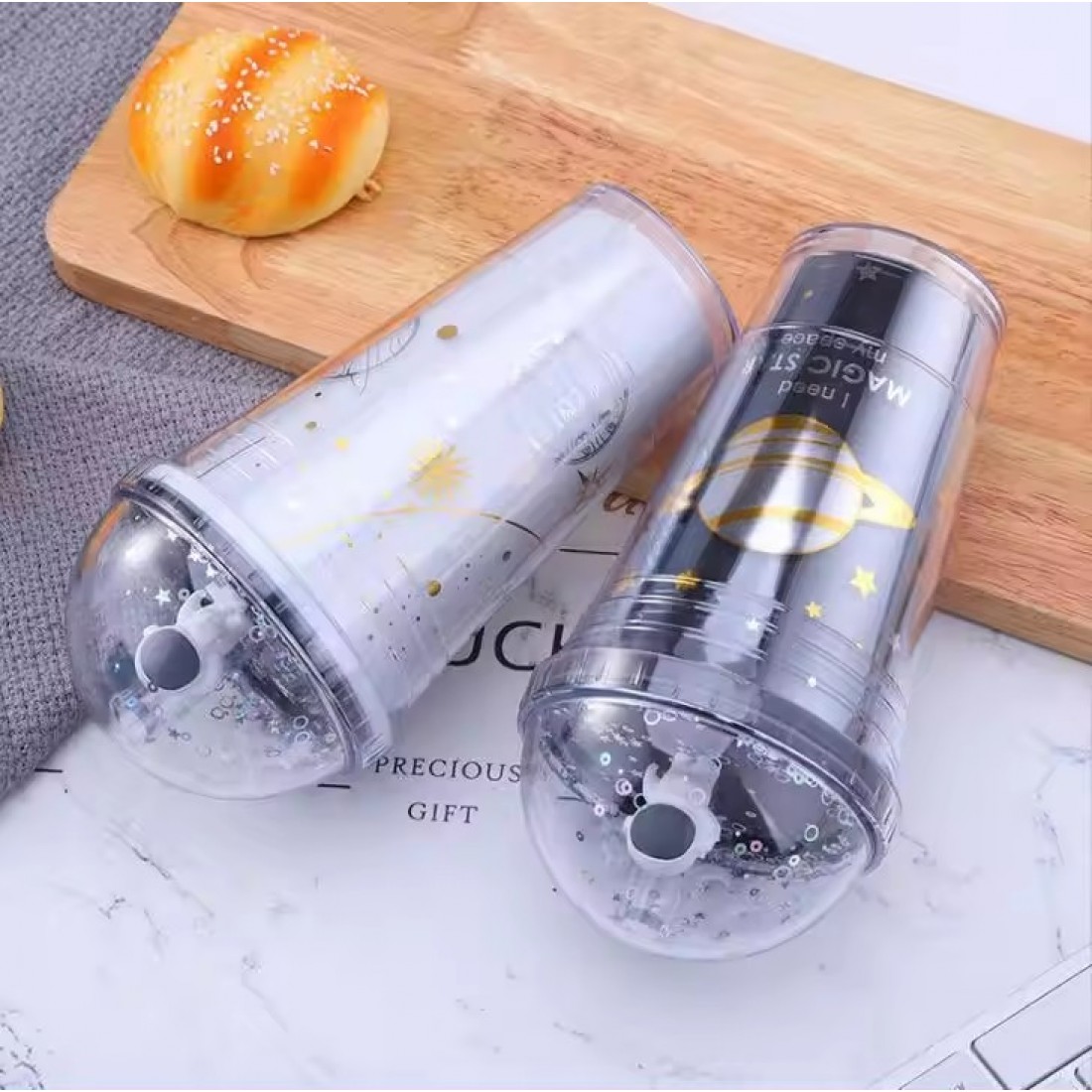  450ml Space Design Drink Water Bottle Tumbler with Straw Double Layer Cold Cup Botol Air Budak 太空人吸管塑料