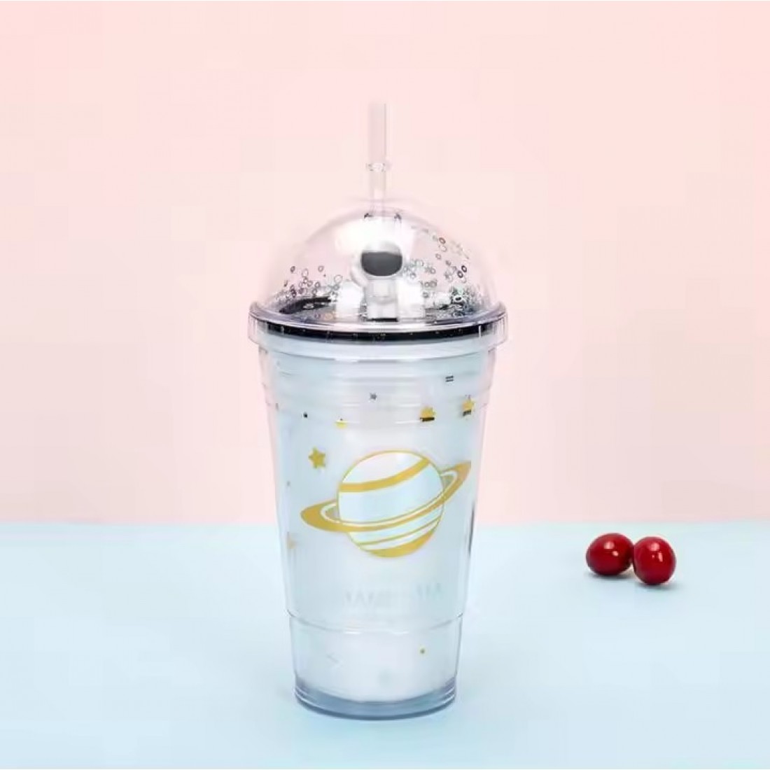  450ml Space Design Drink Water Bottle Tumbler with Straw Double Layer Cold Cup Botol Air Budak 太空人吸管塑料