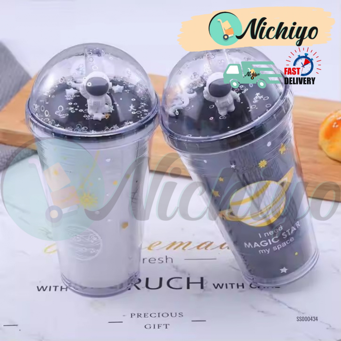  450ml Space Design Drink Water Bottle Tumbler with Straw Double Layer Cold Cup Botol Air Budak 太空人吸管塑料