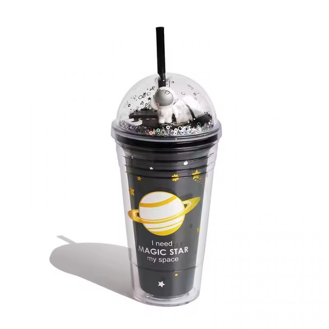  450ml Space Design Drink Water Bottle Tumbler with Straw Double Layer Cold Cup Botol Air Budak 太空人吸管塑料