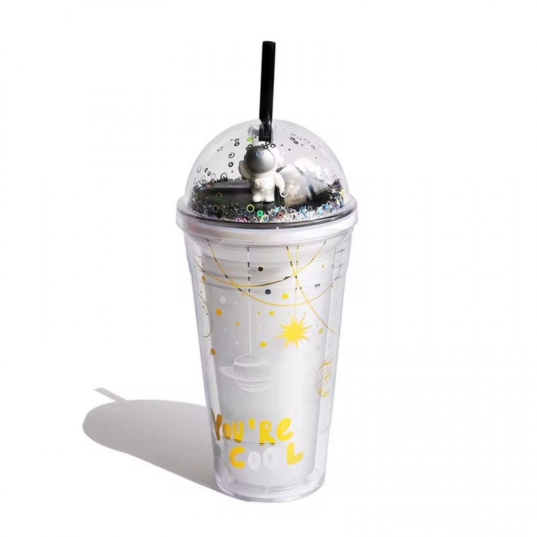  450ml Space Design Drink Water Bottle Tumbler with Straw Double Layer Cold Cup Botol Air Budak 太空人吸管塑料