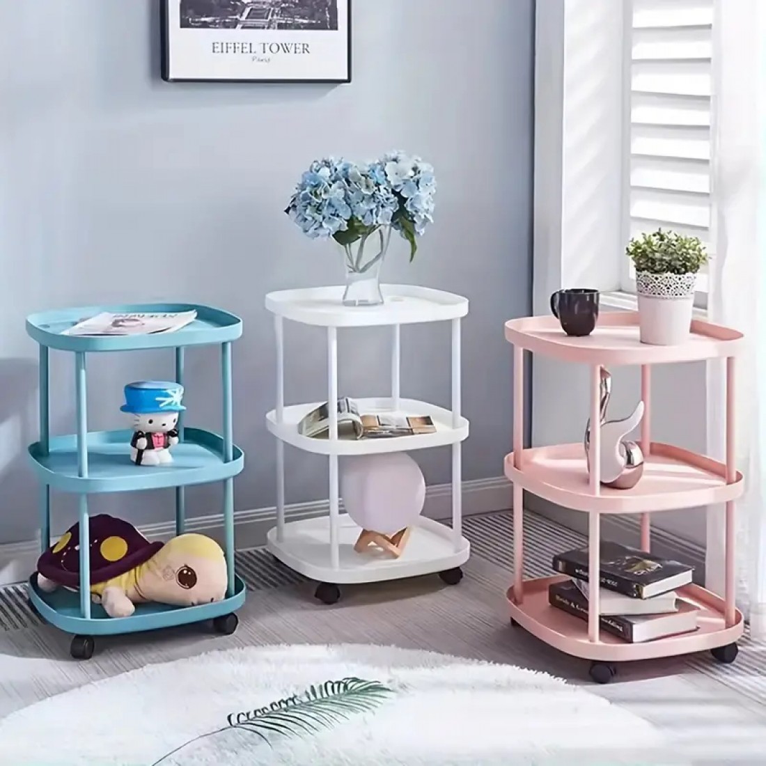 3 Tier Rolling End Table with Wheels Durable Plastic Bedside Sofa Side Home & Office Furniture