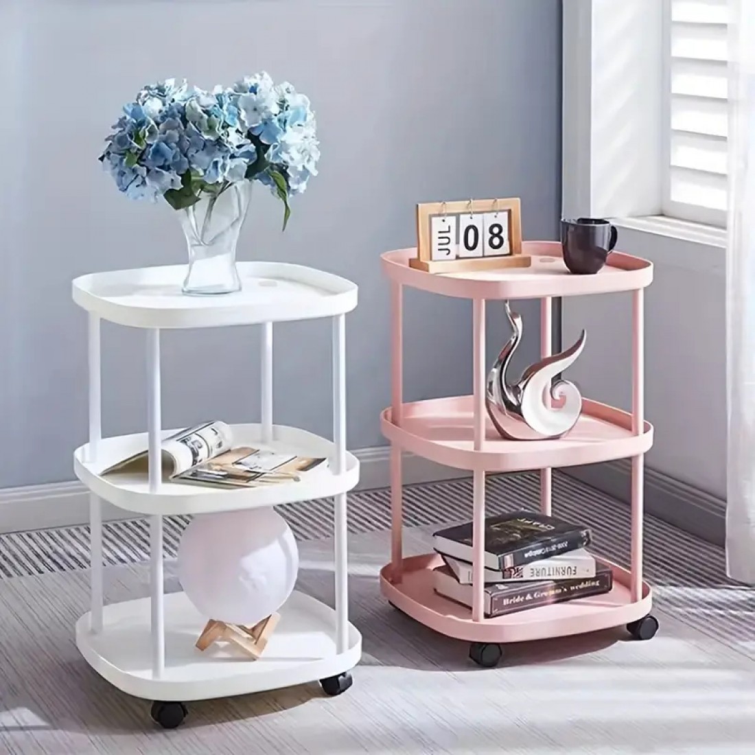 3 Tier Rolling End Table with Wheels Durable Plastic Bedside Sofa Side Home & Office Furniture