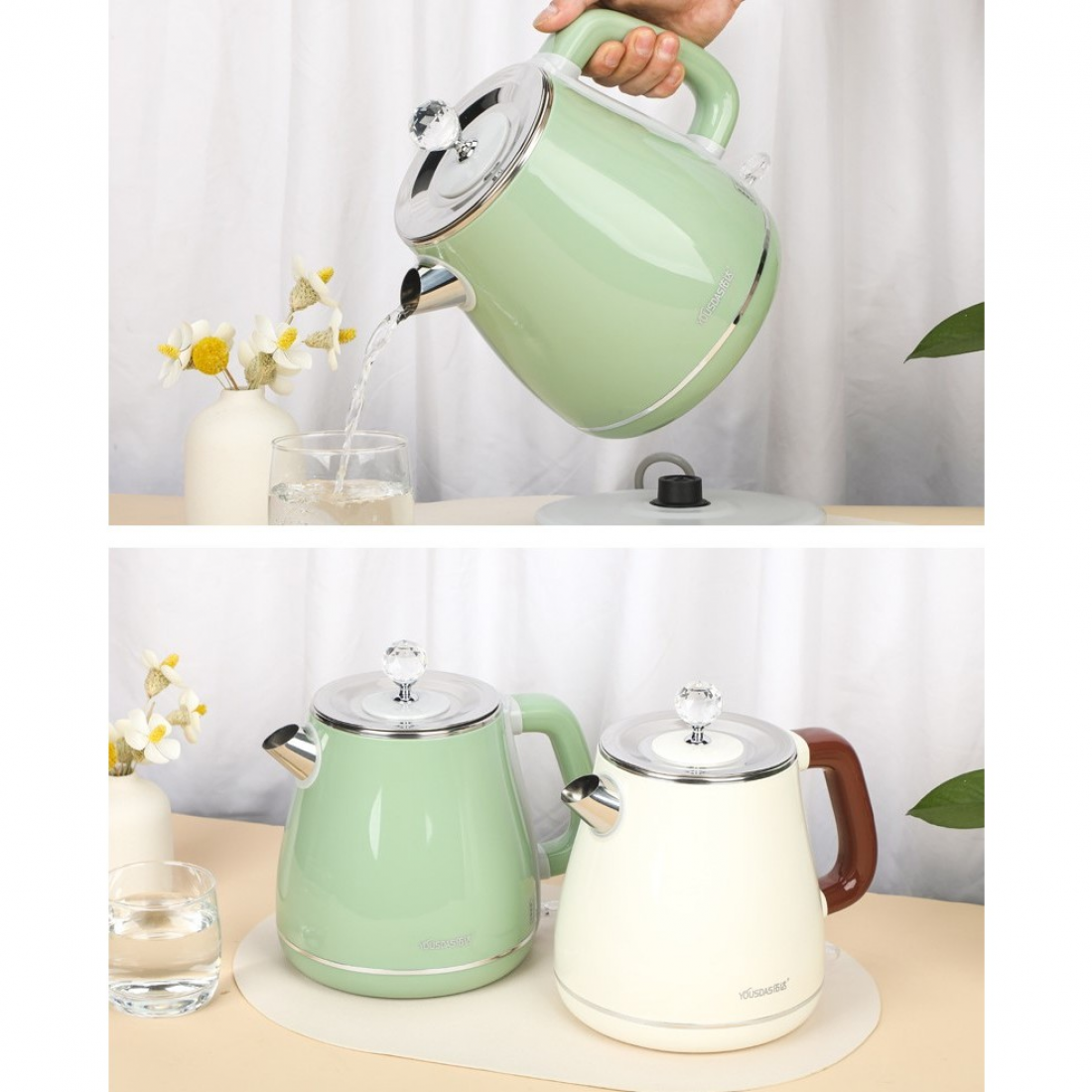 220V 1.8L Retro Electric Kettle Double Layer Anti-Scalding 304 Stainless Steel Auto Power Off