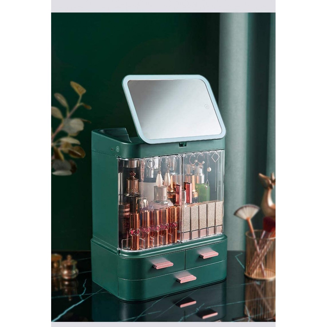 Cosmetic Storage Box With Mirror Led Light Desktop Makeup Organizer